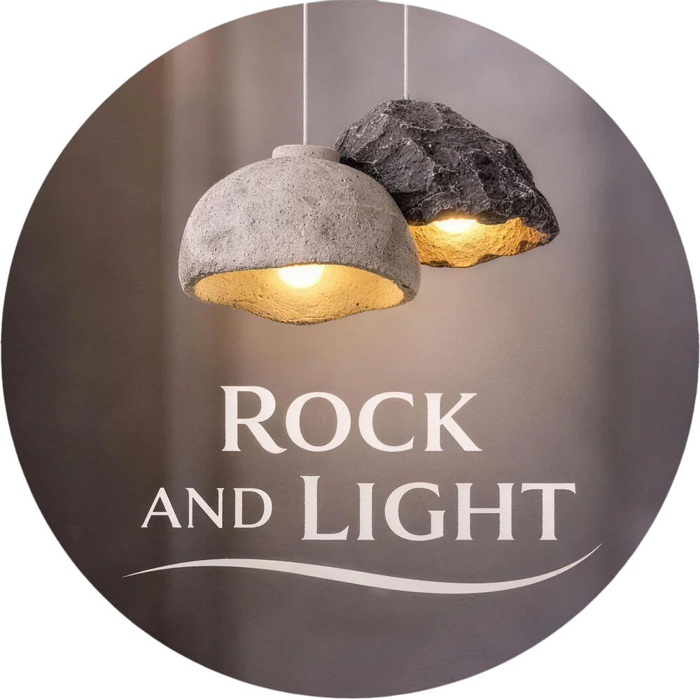 Rock and Light logo with stone-texture pendant lamps